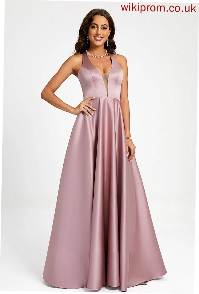 Satin Ina Floor-Length A-Line Prom Dresses V-neck