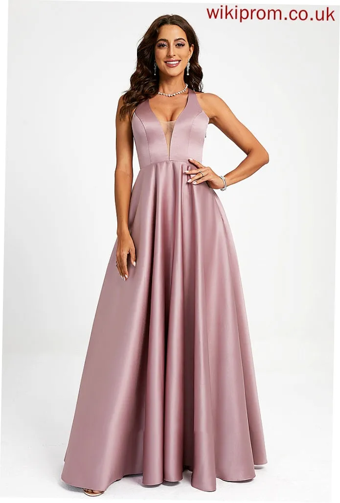 Satin Ina Floor-Length A-Line Prom Dresses V-neck