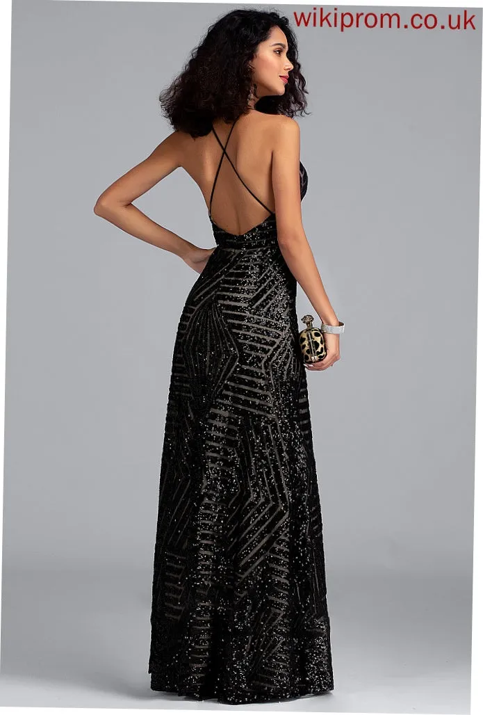 Sequined With Sheath/Column Floor-Length Prom Dresses Rory Sequins V-neck