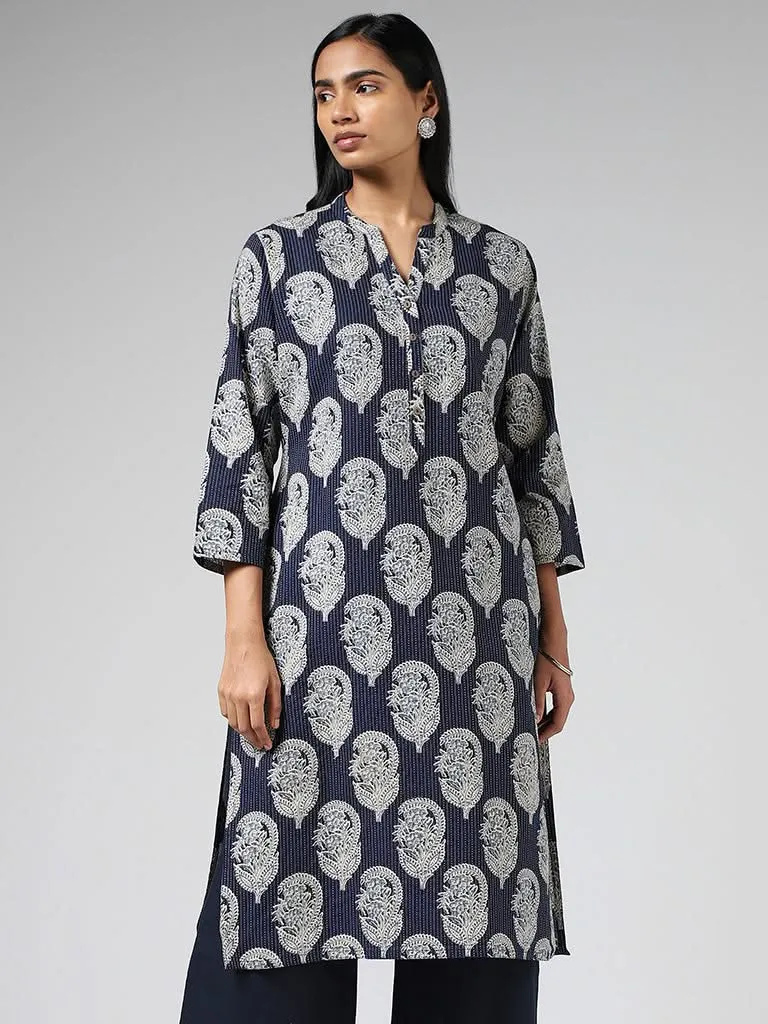 Utsa Indigo Printed & Kantha Embroidered Straight Kurta
