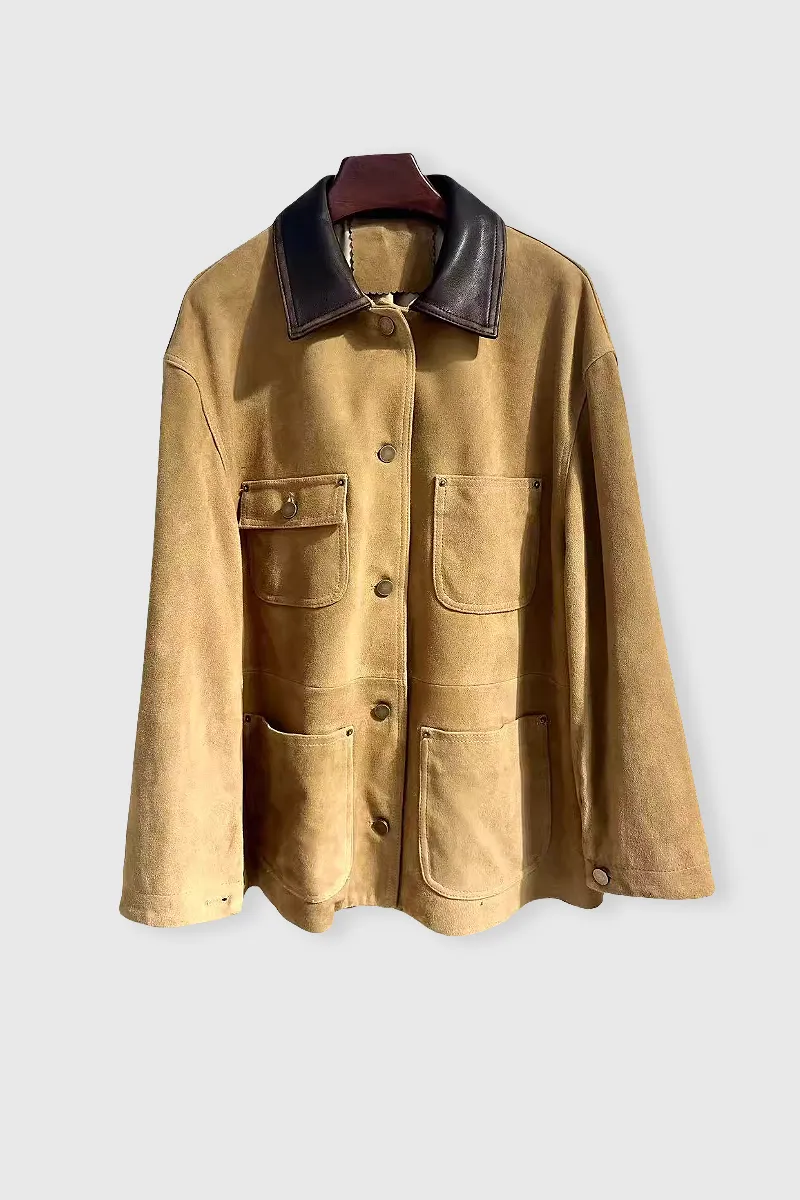Vintage Ethiopian Suede Utility Jacket with Leather Collar