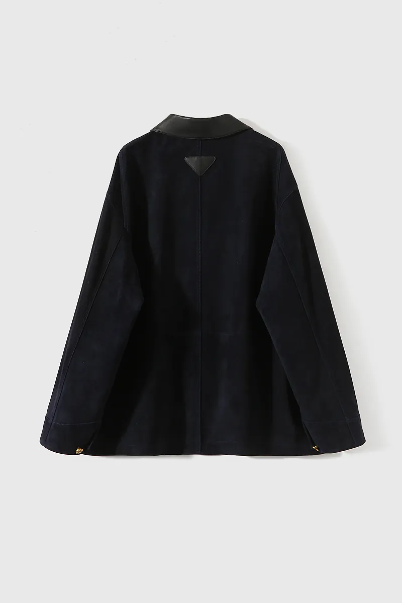 Vintage Ethiopian Suede Utility Jacket with Leather Collar