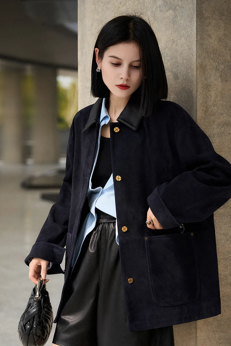 Vintage Ethiopian Suede Utility Jacket with Leather Collar