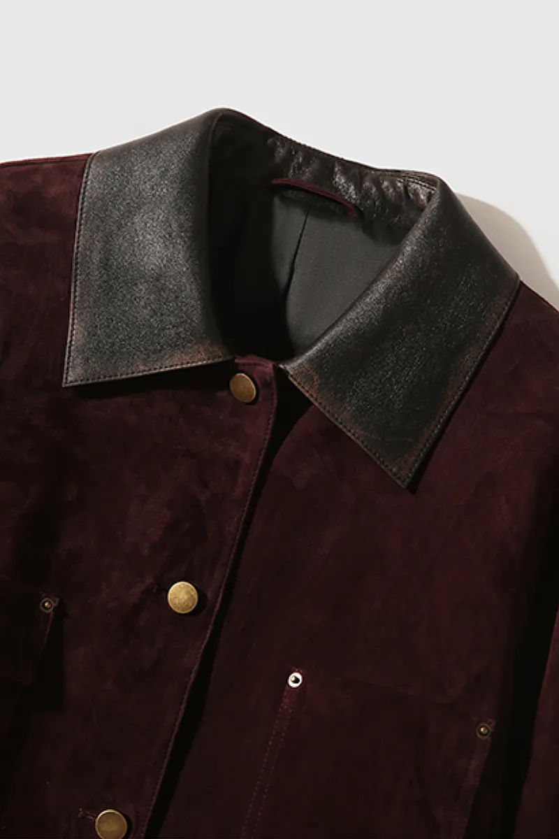 Vintage Ethiopian Suede Utility Jacket with Leather Collar