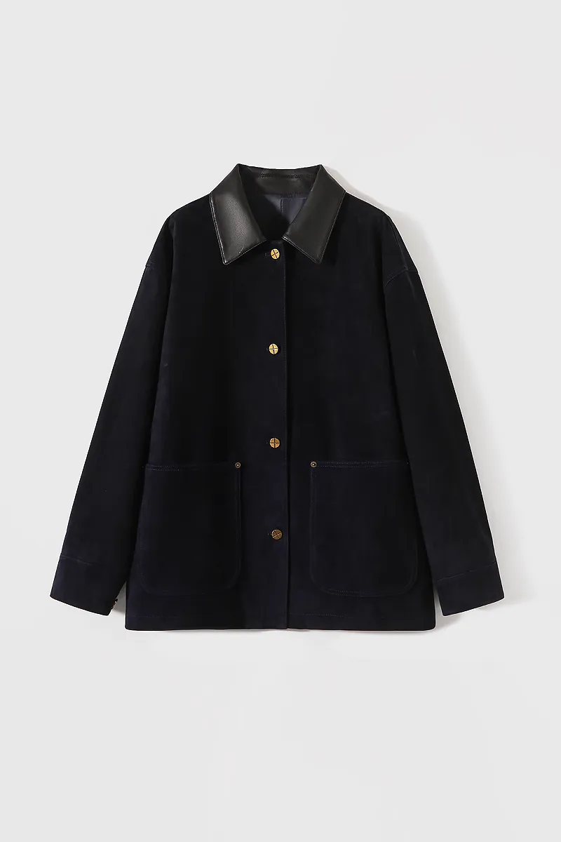 Vintage Ethiopian Suede Utility Jacket with Leather Collar
