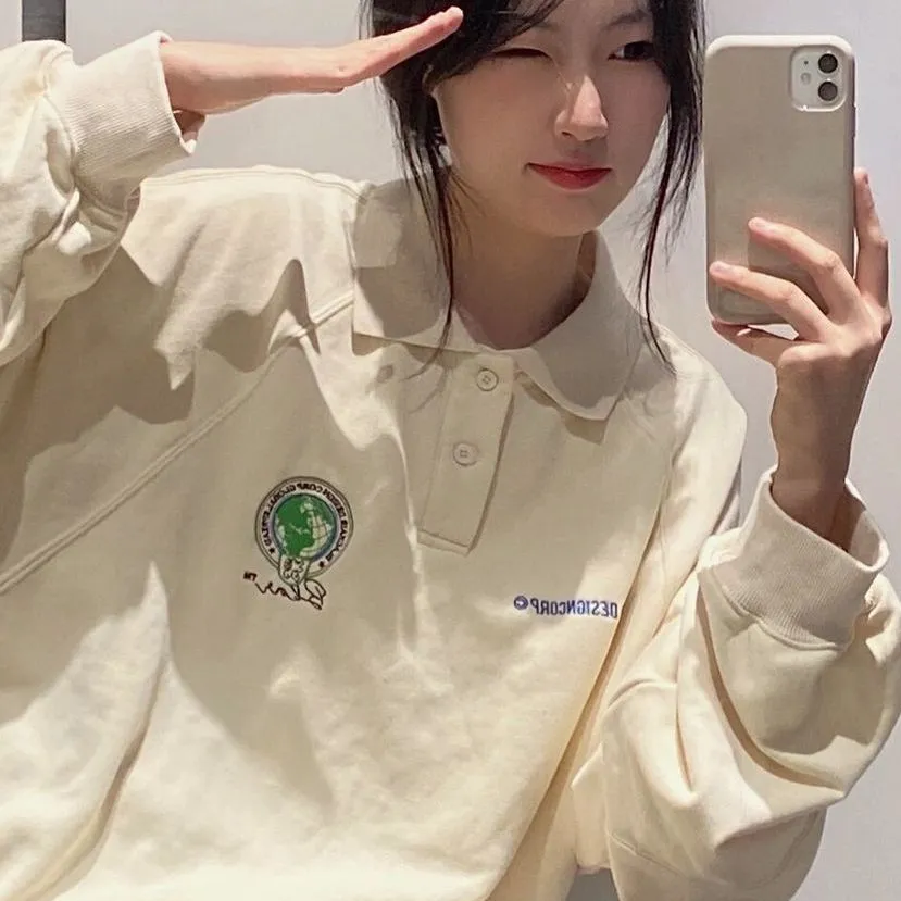 Vintage Streetwear Sweatshirts Women Harajuku Kpop Oversized Hoodies Grunge Loose Polo Collar Hoody Pullover Top Gothic