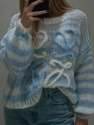 Wenkouban-Spring Casual Outfits Y2K Outfits Stripe Crochet Baggy Sweater