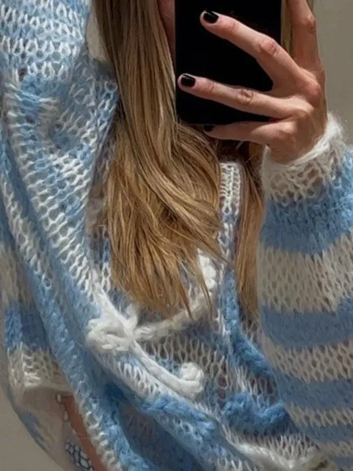 Wenkouban-Spring Casual Outfits Y2K Outfits Stripe Crochet Baggy Sweater