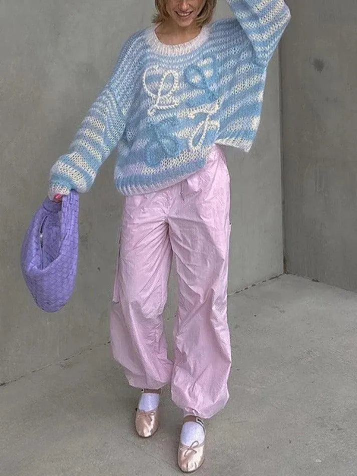 Wenkouban-Spring Casual Outfits Y2K Outfits Stripe Crochet Baggy Sweater