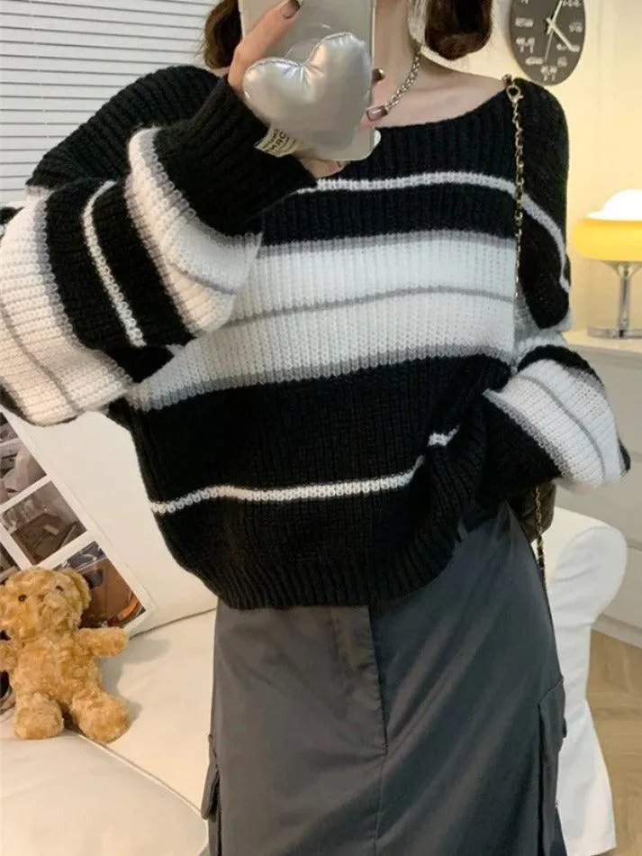 Wenkouban-Spring Casual Outfits Y2K Outfits Stripe Splice Short Sweater