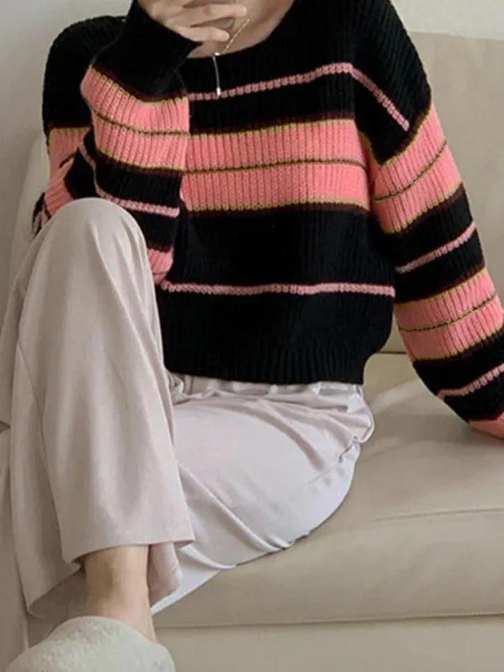 Wenkouban-Spring Casual Outfits Y2K Outfits Stripe Splice Short Sweater