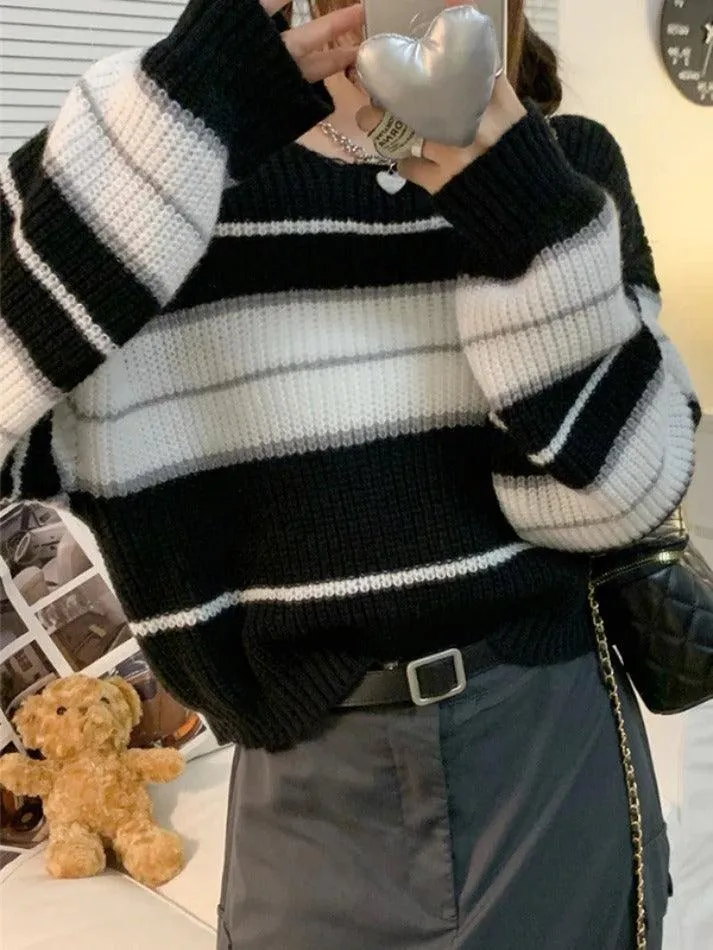 Wenkouban-Spring Casual Outfits Y2K Outfits Stripe Splice Short Sweater