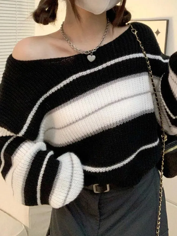 Wenkouban-Spring Casual Outfits Y2K Outfits Stripe Splice Short Sweater