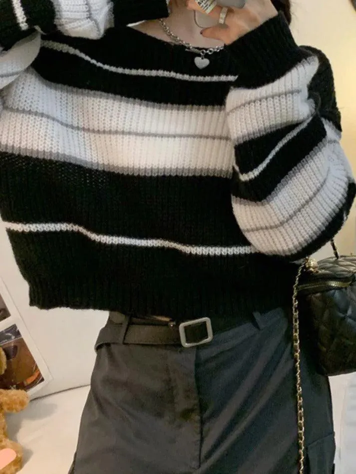 Wenkouban-Spring Casual Outfits Y2K Outfits Stripe Splice Short Sweater