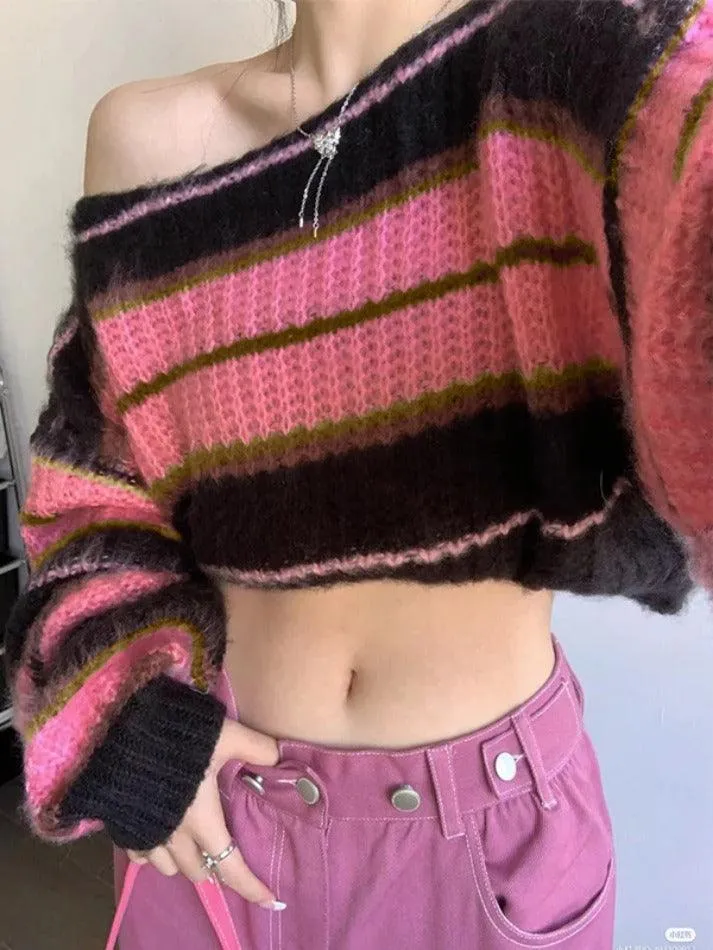 Wenkouban-Spring Casual Outfits Y2K Outfits Stripe Splice Short Sweater