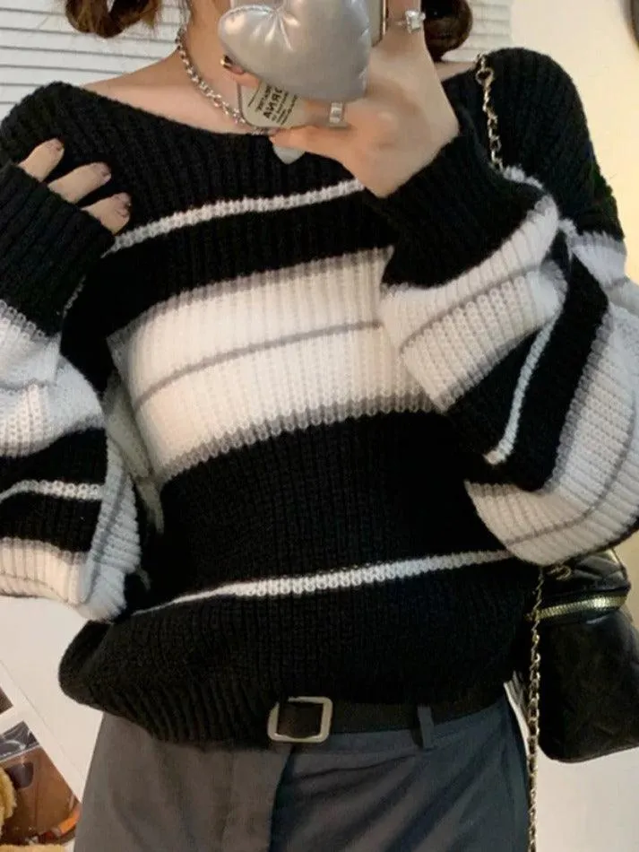 Wenkouban-Spring Casual Outfits Y2K Outfits Stripe Splice Short Sweater