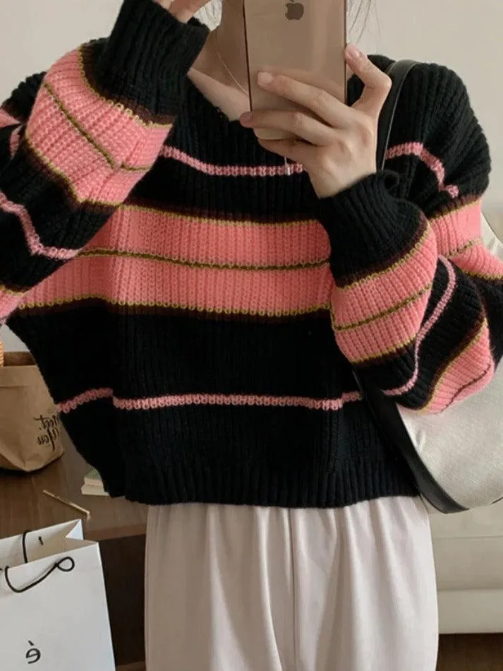 Wenkouban-Spring Casual Outfits Y2K Outfits Stripe Splice Short Sweater