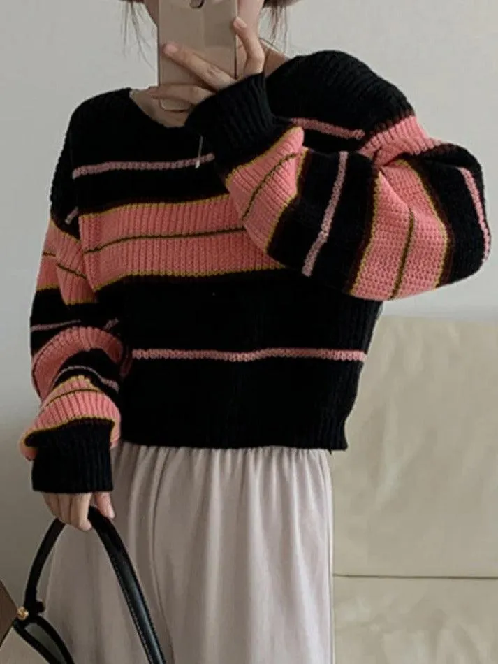 Wenkouban-Spring Casual Outfits Y2K Outfits Stripe Splice Short Sweater