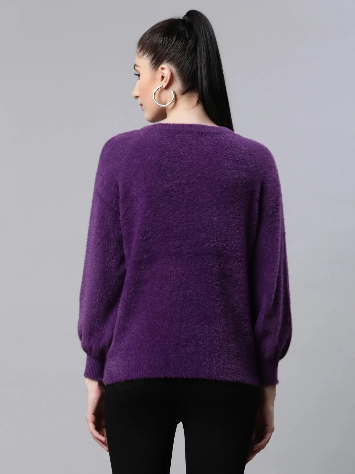 Women Embellished Mulberry Woolen Loose Fit Casual Pullover