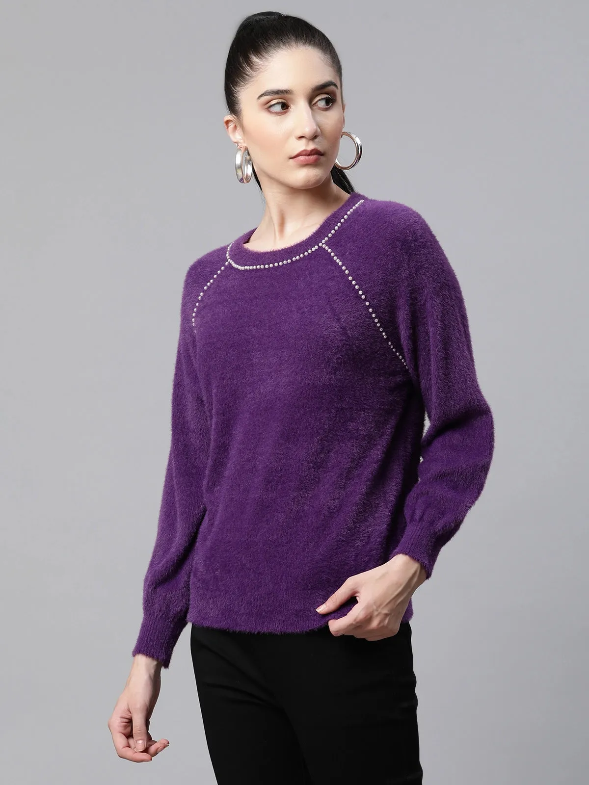 Women Embellished Mulberry Woolen Loose Fit Casual Pullover