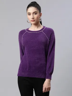 Women Embellished Mulberry Woolen Loose Fit Casual Pullover