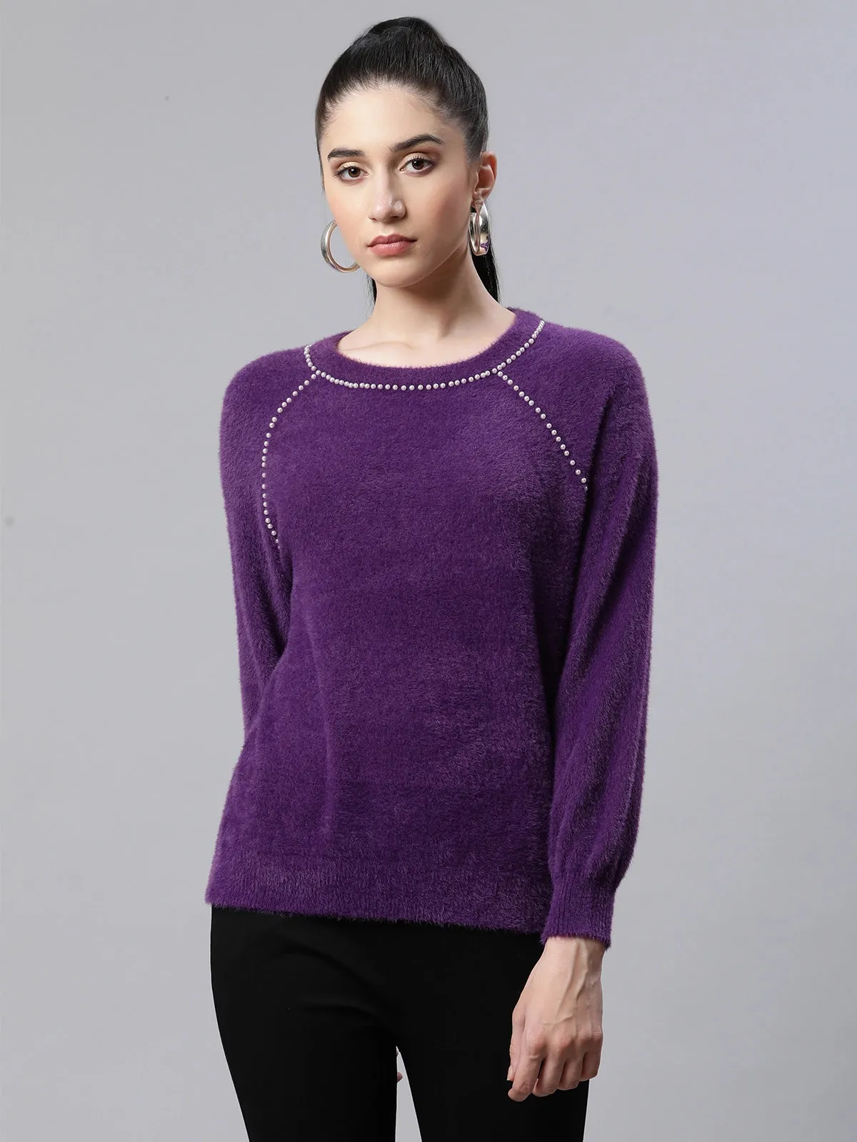 Women Embellished Mulberry Woolen Loose Fit Casual Pullover