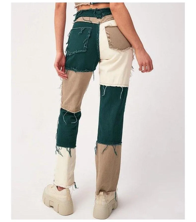 Women Patchwork Jeans High Waist Slim Fit Denim Pants