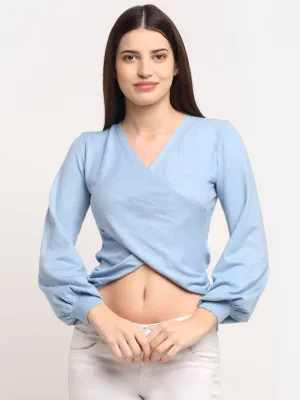 Women Sky Blue KNIT V- Neck Cropped Pullover