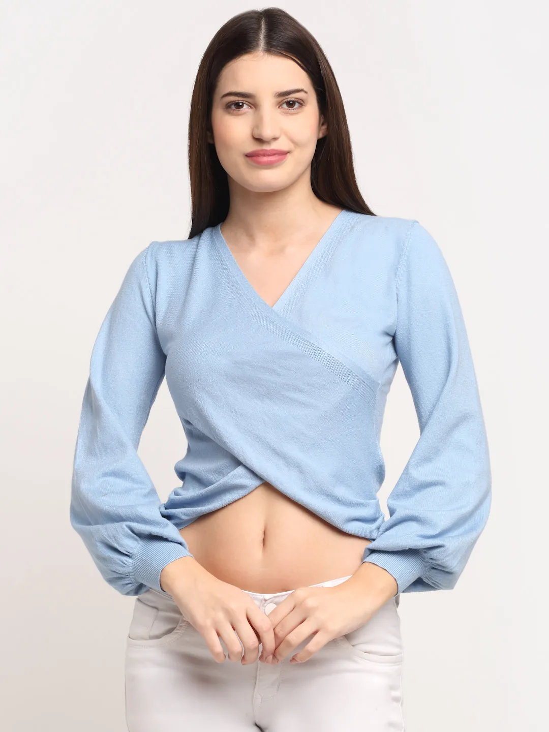 Women Sky Blue KNIT V- Neck Cropped Pullover