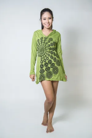 Womens Chakra Fractal Hoodie Dress in Lime