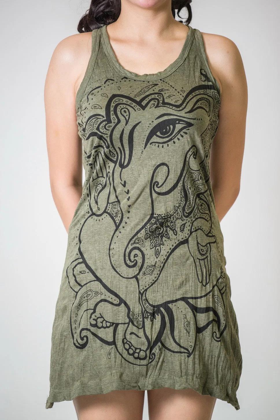 Womens Cute Ganesh Tank Dress in Green