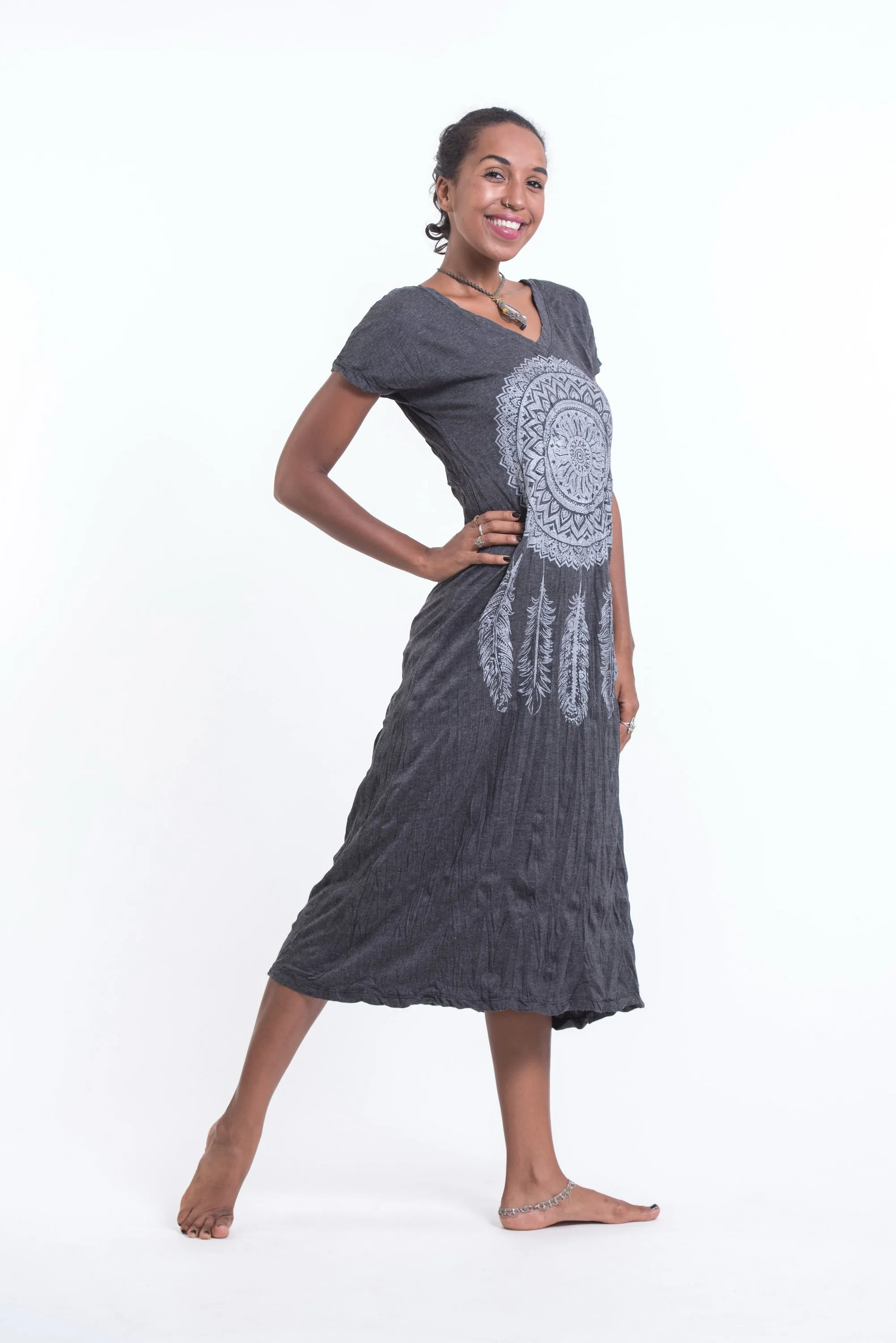 Womens Dreamcatcher V Neck Long Dress in Silver on Black