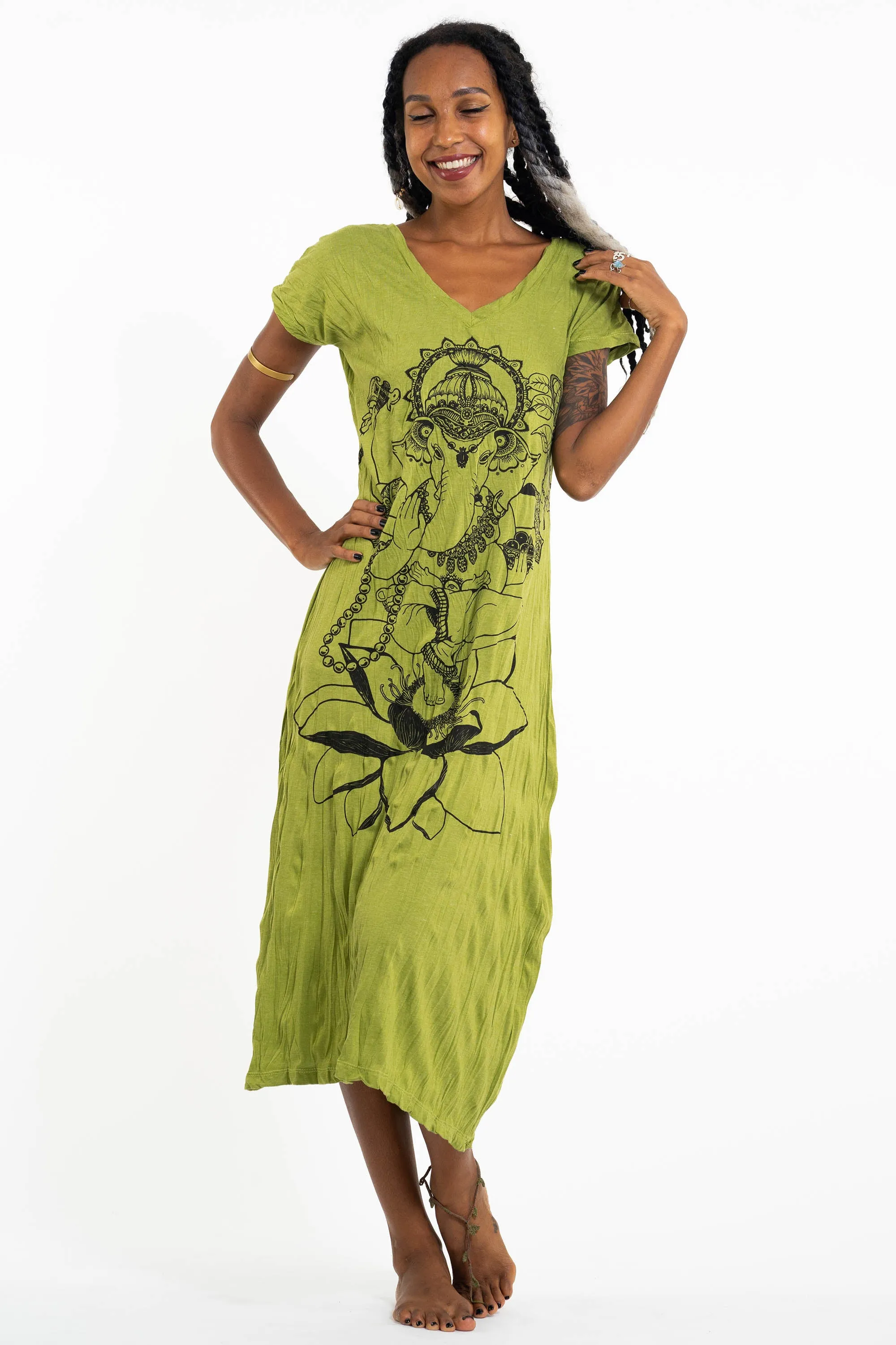 Womens Lord Ganesh V Neck Long Dress in Lime