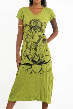 Womens Lord Ganesh V Neck Long Dress in Lime