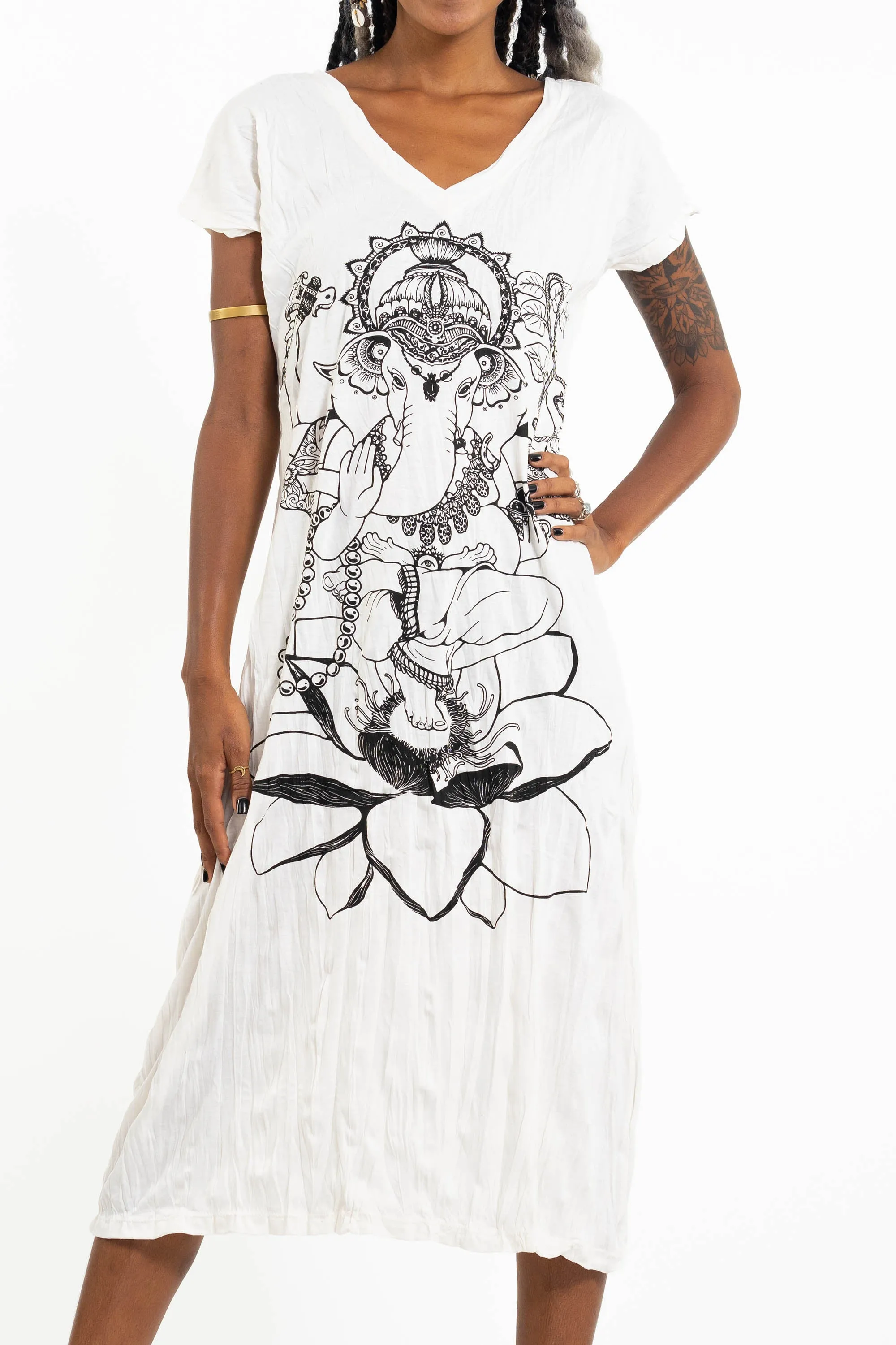 Womens Lord Ganesh V Neck Long Dress in White