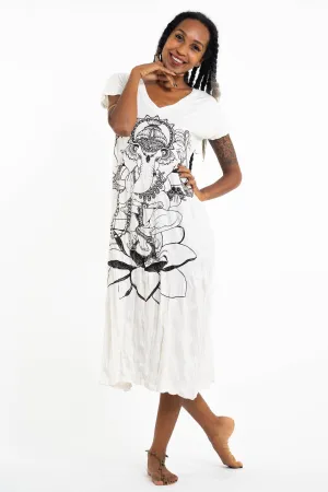 Womens Lord Ganesh V Neck Long Dress in White