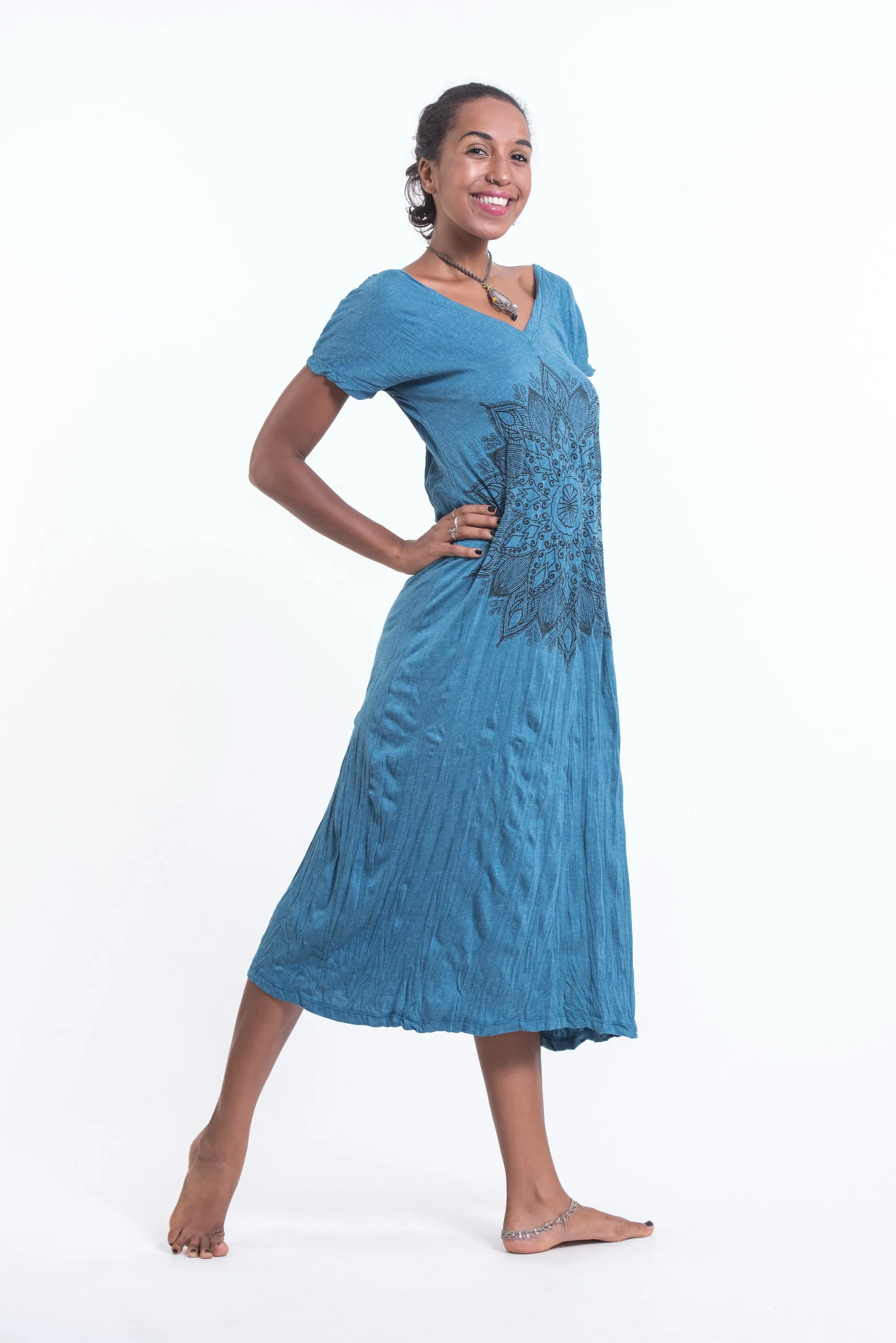 Womens Lotus Mandala V Neck Long Dress in Denim Blue