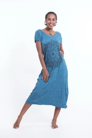 Womens Lotus Mandala V Neck Long Dress in Denim Blue