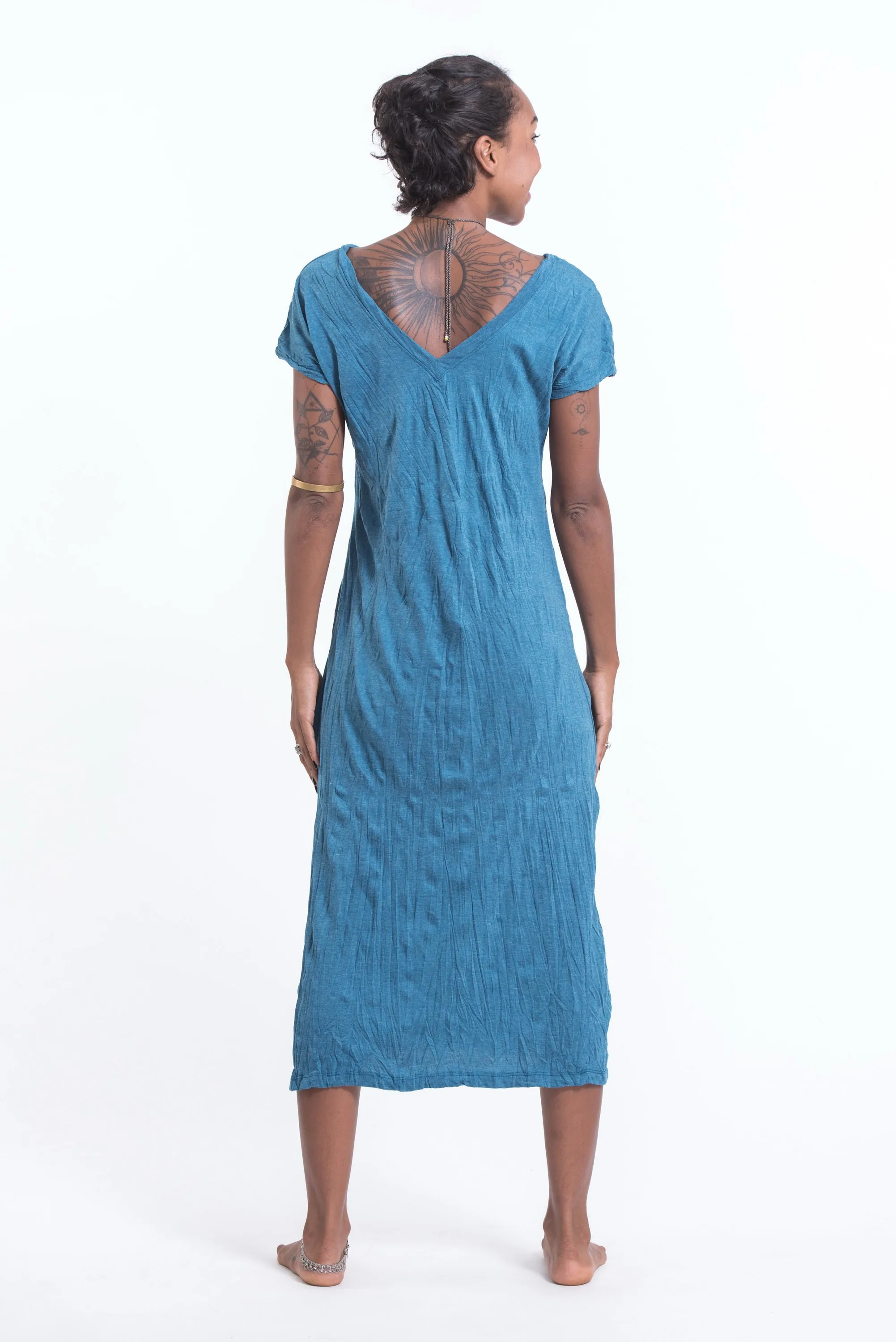 Womens Lotus Mandala V Neck Long Dress in Denim Blue