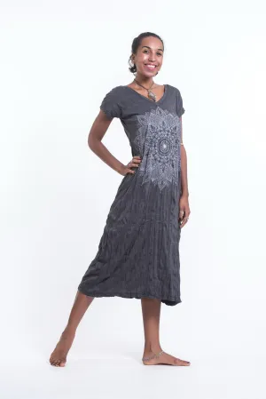 Womens Lotus Mandala V Neck Long Dress in Silver on Black