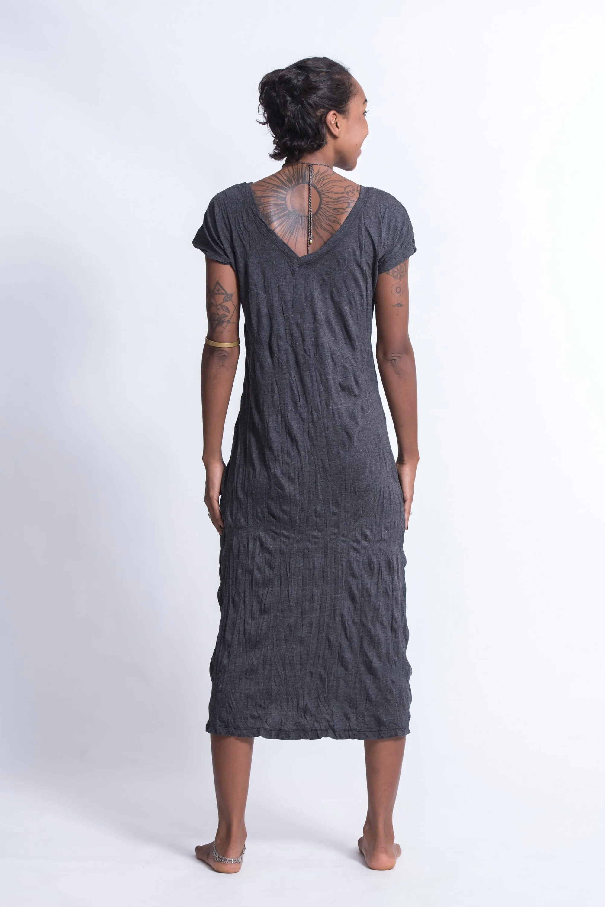 Womens Lotus Mandala V Neck Long Dress in Silver on Black