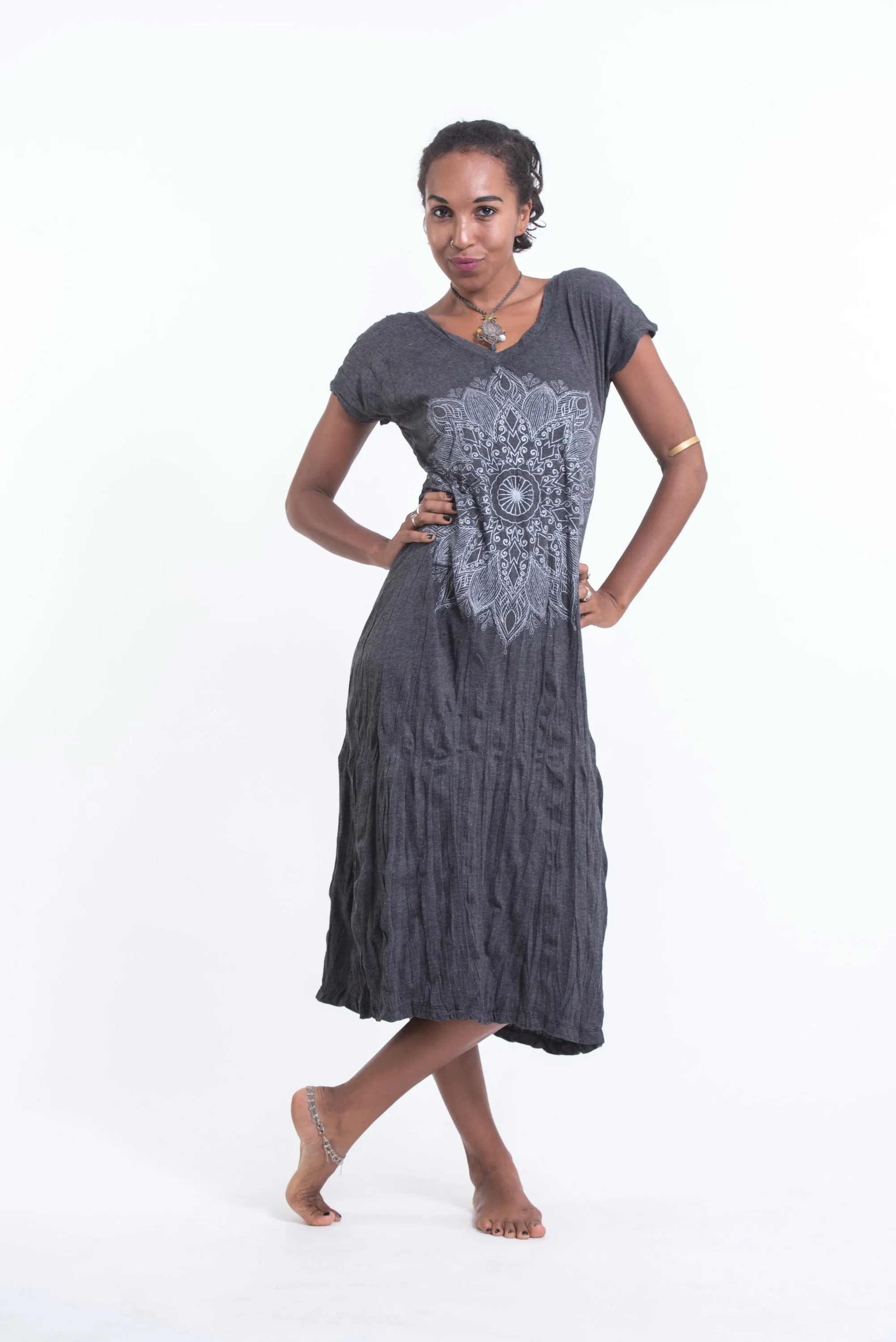 Womens Lotus Mandala V Neck Long Dress in Silver on Black
