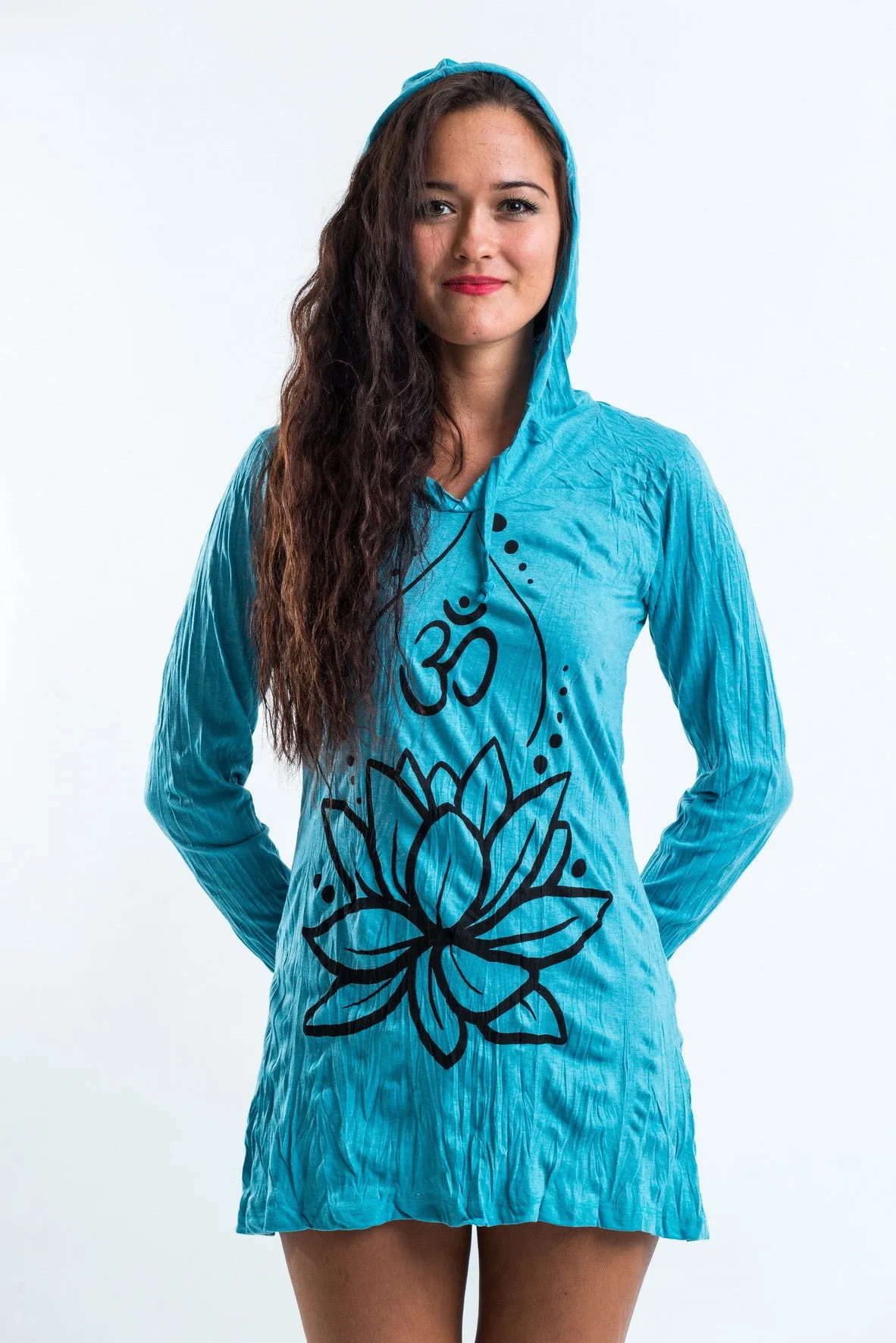 Womens Lotus Om Hoodie Dress in Turquoise