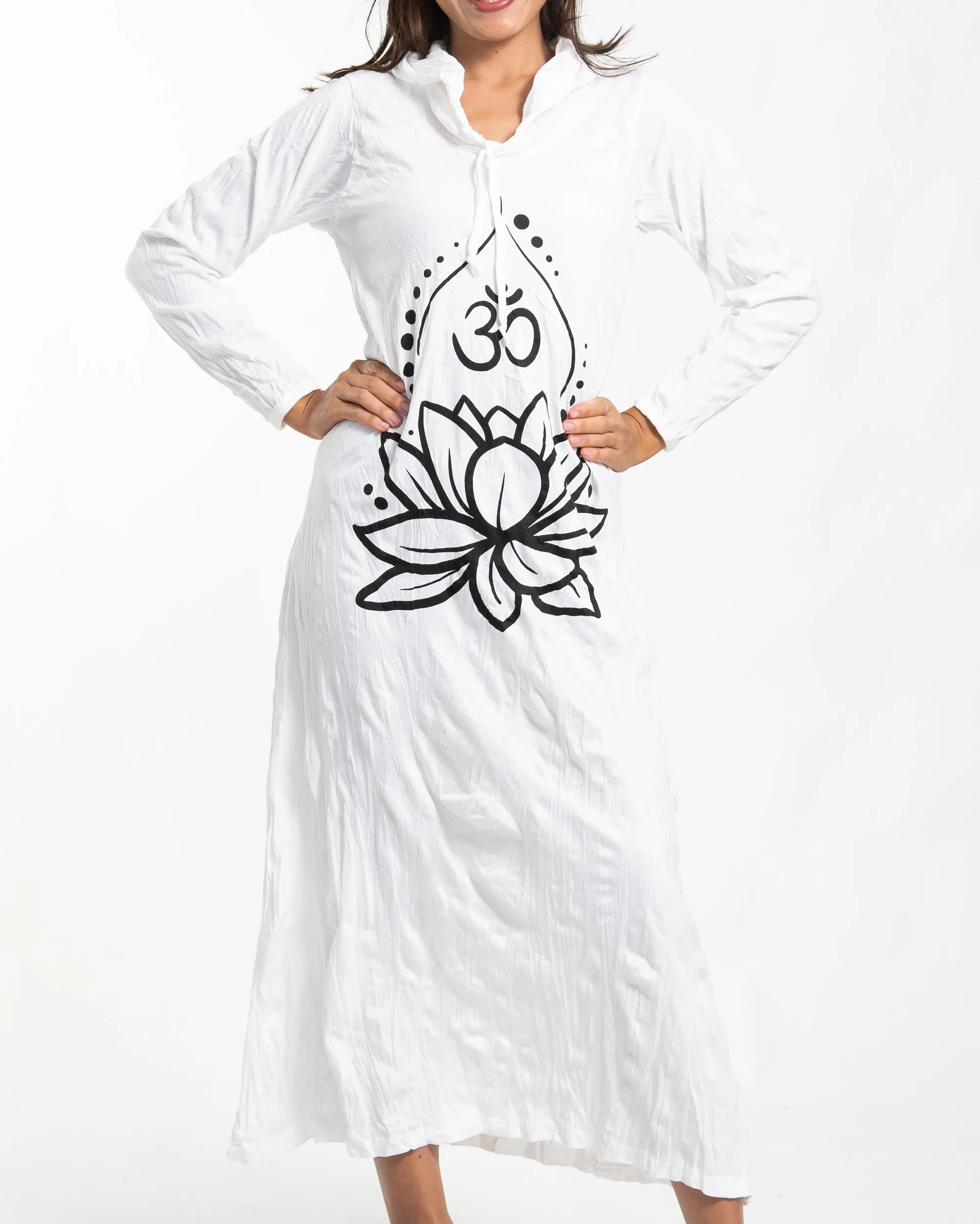 Womens Lotus Om Long Hoodie Dress in White