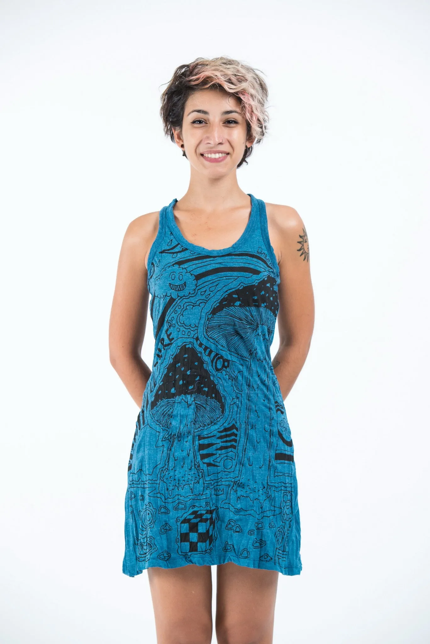 Womens Magic Mushroom Tank Dress in Denim Blue