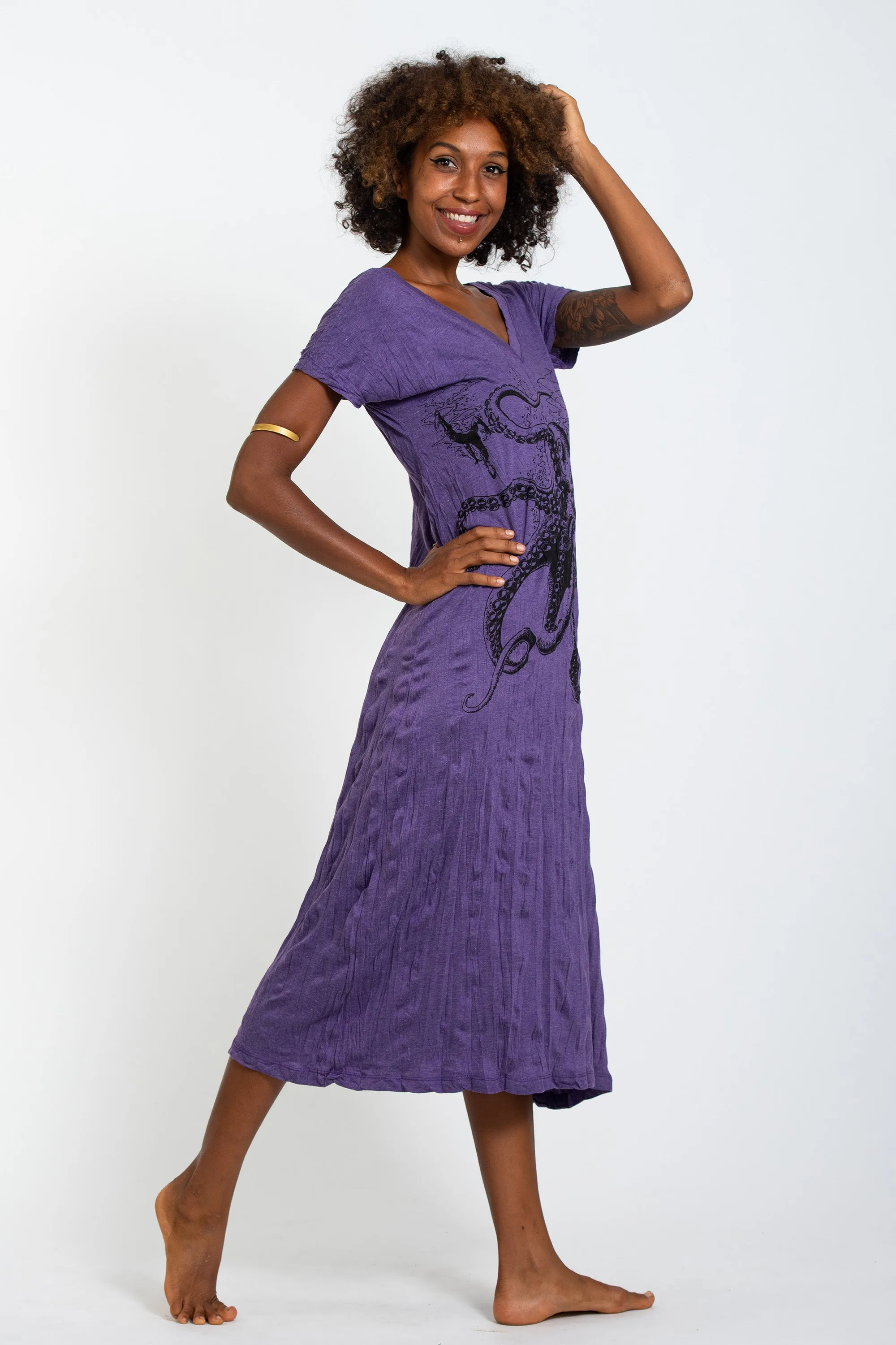 Womens Octopus V Neck Long Dress in Purple