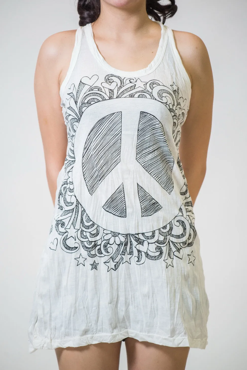 Womens Peace Sign Tank Dress in White