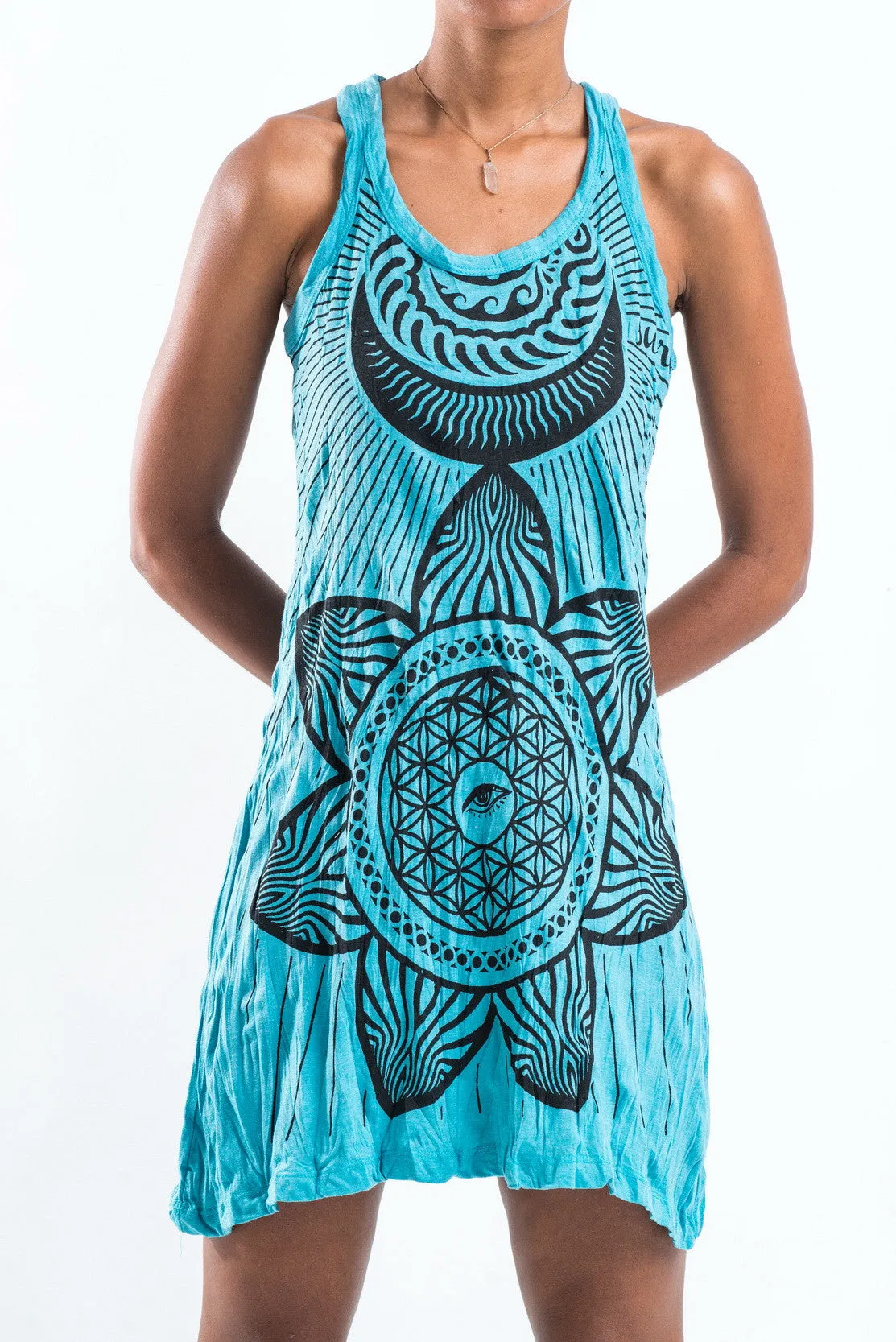 Womens Sacred Geometry Mandala Tank Dress in Turquoise