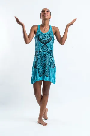 Womens Sacred Geometry Mandala Tank Dress in Turquoise
