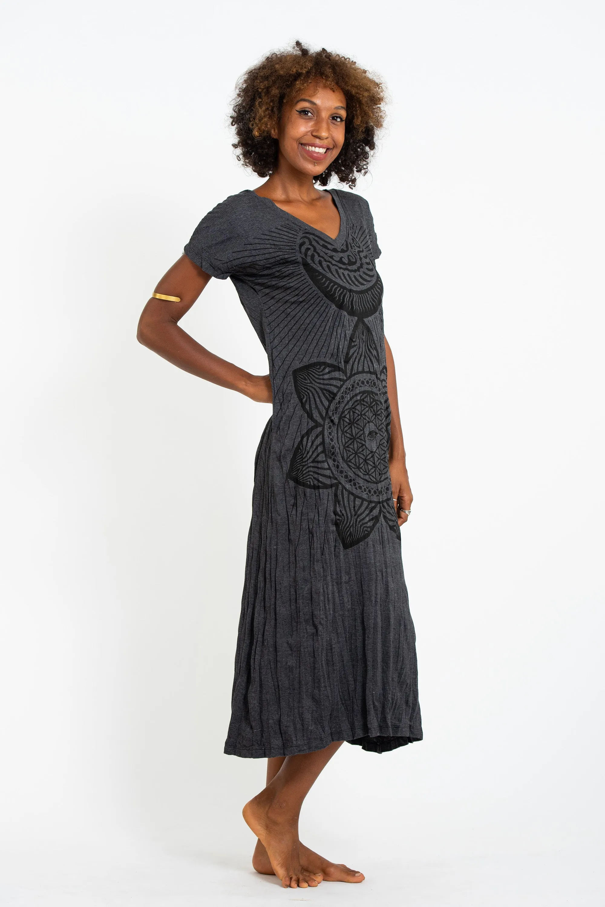Womens Sacred Geometry Mandala V Neck Long Dress in Black